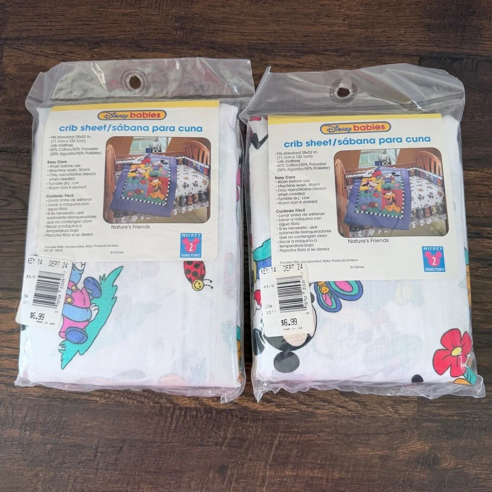 2- VIntage Disney‎ Babies Crib Sheets Kids Mickey Minnie Natures Friends USA 90s